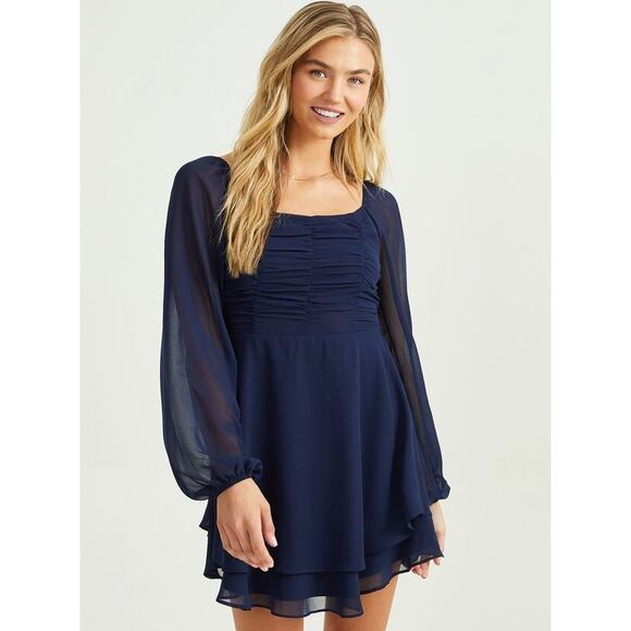 ALTAR'D STATE Lori Mini Dress Navy Blue Long Sleeve Smocked Babydoll Women's S - Picture 2 of 12
